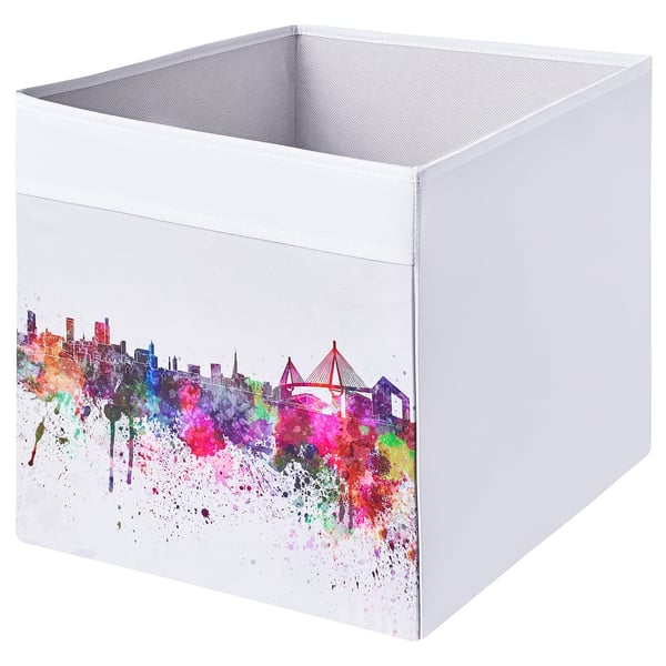 White box with watercolor city skyline design.
