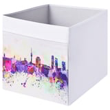 DRÖNA recycled fabric storage box, white with cityscape design, square shape.