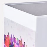 White storage box with vibrant, colorful cityscape pattern, designed for organizing items neatly.