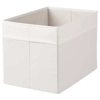 White fabric storage box, square shape, mesh top, handles, stylish and functional for shelves.