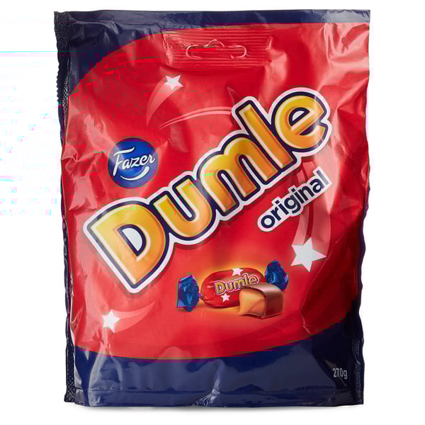 Image shows a DUMLE candy bag by fazer, displaying bold red and blue colors. Its a smooth chocolate with a soft, chewy toffee filling.