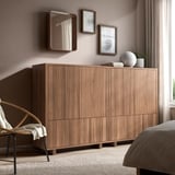 Walnut cabinet with mirror, shelves beside bed.