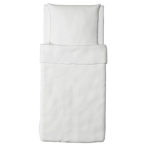 White bedding set with pillow and duvet, simple and minimalist design, made of soft cotton.