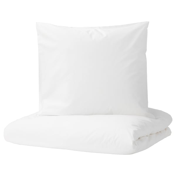White DVALA duvet cover set, made of 100% cotton, featuring a zipper closure and rectangular shape.