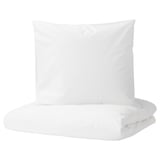 White DVALA duvet cover set, made of 100% cotton, featuring a zipper closure and rectangular shape.