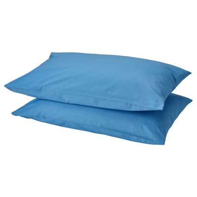 Two blue DVALA pillowcases, neatly stacked, made of 100% cotton.