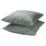 Two square grey-green DVALA pillowcases made of cotton, stacked neatly.