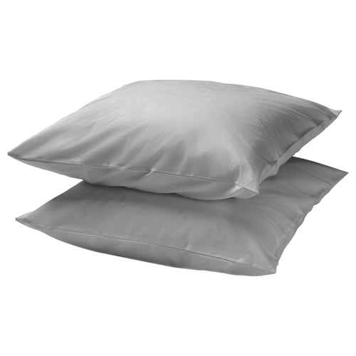 Two square, light grey DVALA pillows stacked, soft cotton material, clean and simple design.
