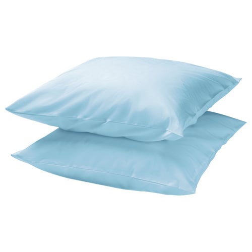 Two sky-blue DVALA pillows stacked, rectangular shape, smooth satin finish, 100% cotton.