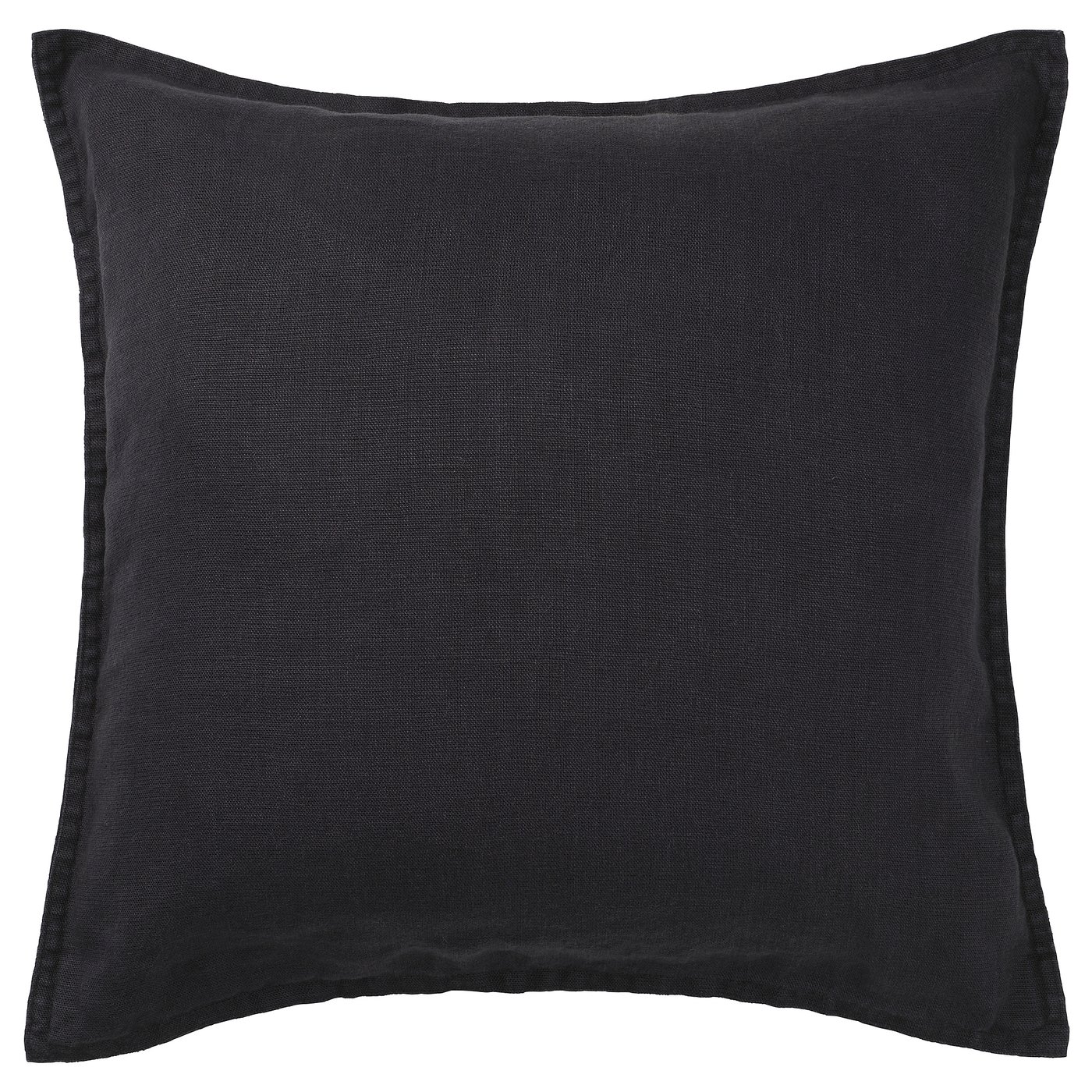 Black square throw pillow with linen texture and zipper closure.