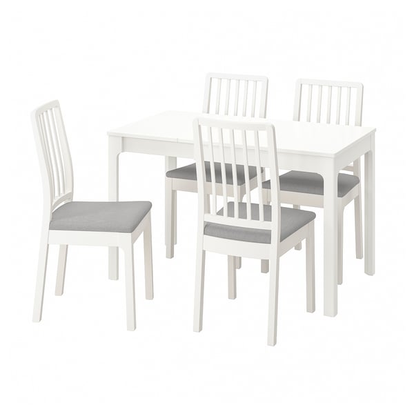 White dining set with 4 gray cushioned chairs and an extendable table.