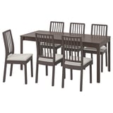 Dark brown rectangular dining table and six matching chairs, four with fabric seats, all featuring vertical slat backs.
