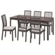 Option: Dark brown rectangular dining table and six matching chairs, four with fabric seats, all featuring vertical slat backs.