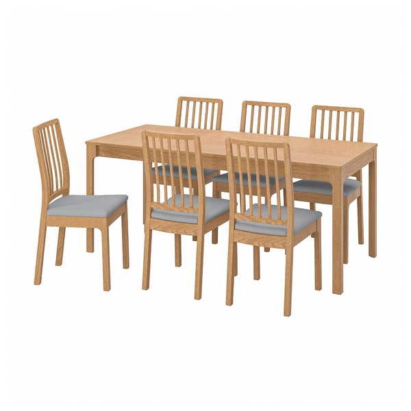 EKEDALEN: 6-piece dining set with light wooden table and matching chairs. 4 cushioned blue seats.