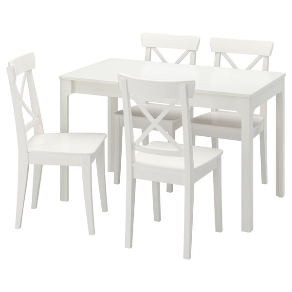 White EKEDALEN dining set with extendable square table and four chairs.