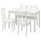 White EKEDALEN dining set with extendable square table and four chairs.