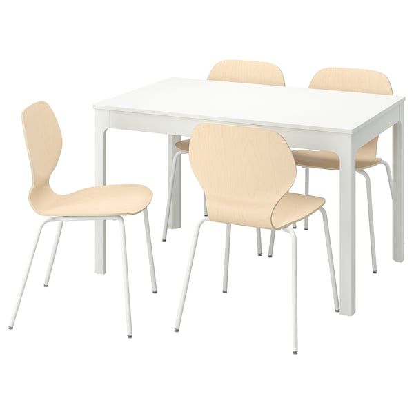 Modern white extendable dining table with four matching light wood chairs. Minimalist design, ideal for small spaces.