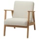 Mid-century chair: light gray fabric, light wood frame, square shape, armrests.