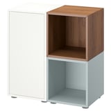 EKET storage unit: white, light blue, and wooden cube cabinet with open and closed sections, adjustable feet.