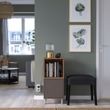 Small wooden bookshelf, black accents, next to a large framed plant print on a green wall.