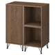 Brown wooden cabinet with open shelves and metal legs.
