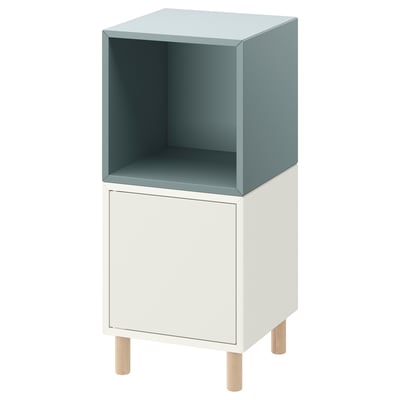 EKET storage cube, light blue & white, open square shape, four wooden legs.