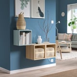Modern living room with EKET shelves, books, vases, and a couch.