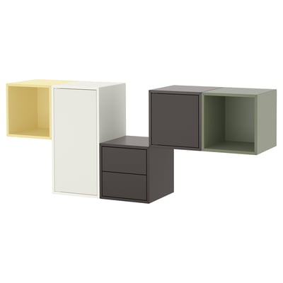EKET storage units in white, green, grey, with open/closed compartments and adjustable shelves.