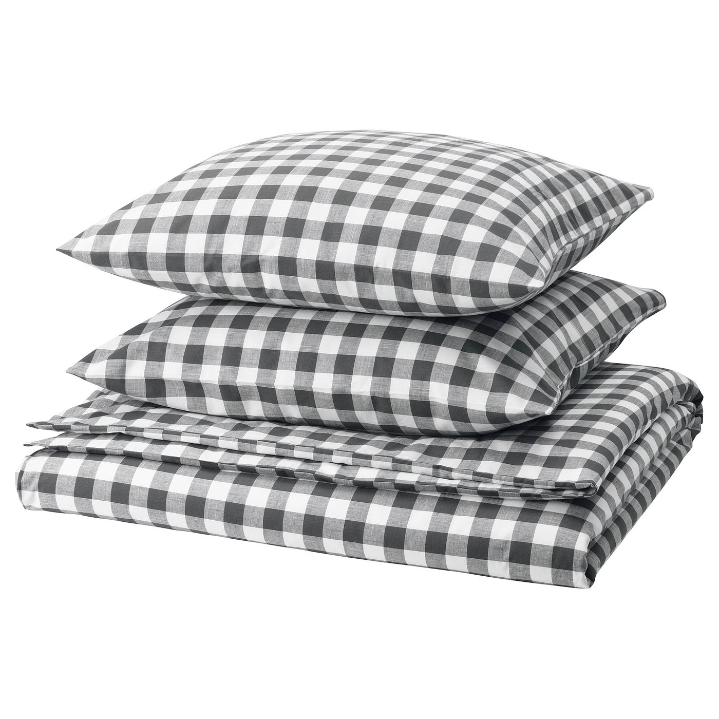 Folded grey-white checkered duvet and pillow set in black and white. Organic cotton, zipped, square patterns.