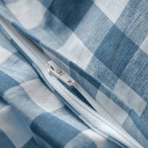 EKTANDVINGE Duvet cover and 2 pillowcases, dark blue white/check, 240x220/80x80 cm