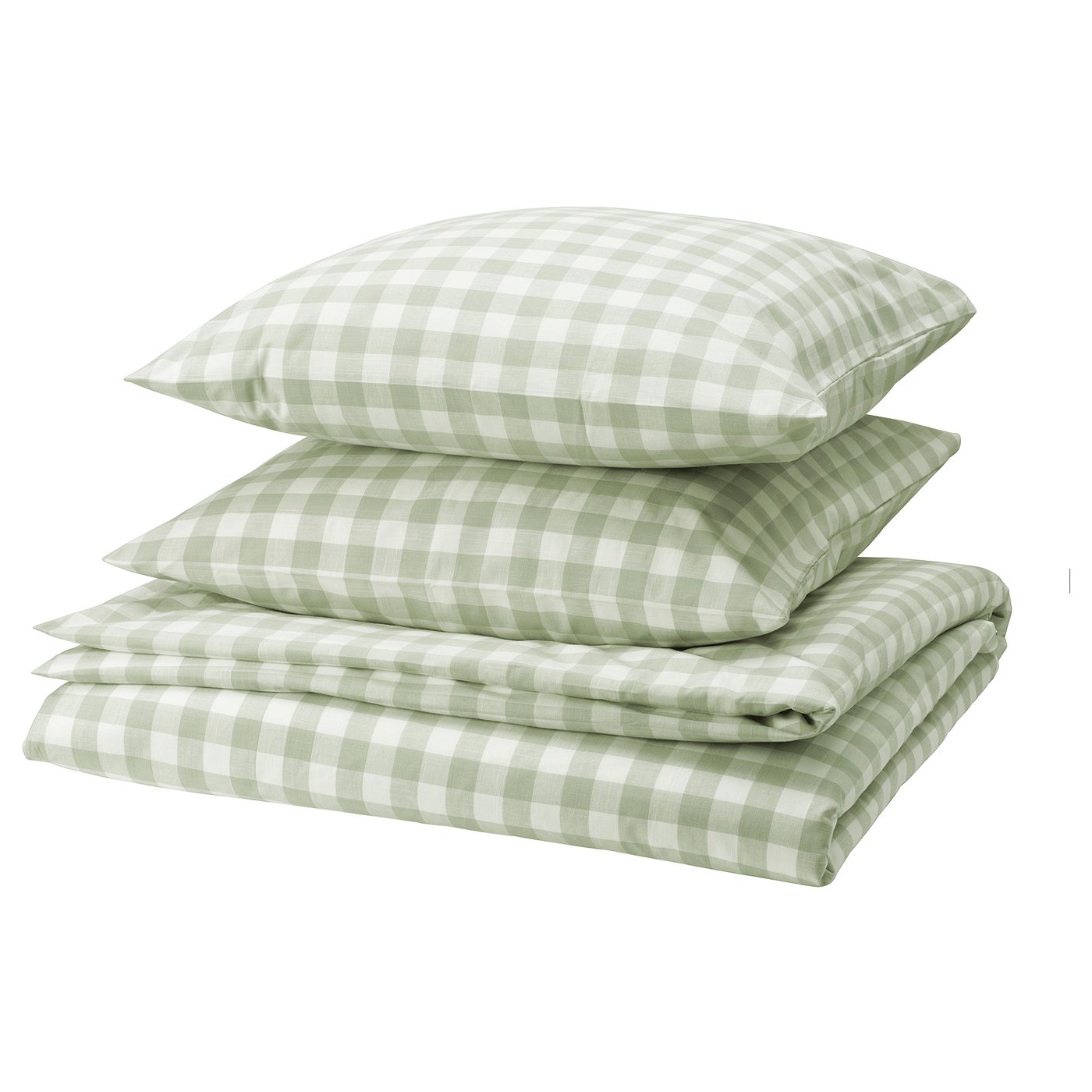 Pale green and white gingham organic cotton bedding set.