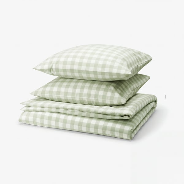 EKTANDVINGE Duvet cover and 2 pillowcases, pale grey-green white/check, 240x220/80x80 cm