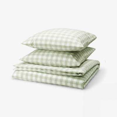 EKTANDVINGE Duvet cover and 2 pillowcases, pale grey-green white/check, 240x220/80x80 cm