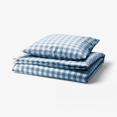 EKTANDVINGE Duvet cover and pillowcase, dark blue white/check, 140x200/80x80 cm