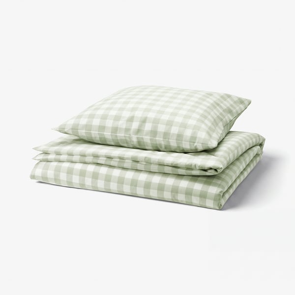 Green and white chequered bedding, zipped, organic cotton.