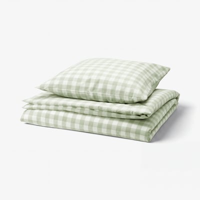 EKTANDVINGE Duvet cover and pillowcase, pale grey-green white/check, 140x200/80x80 cm