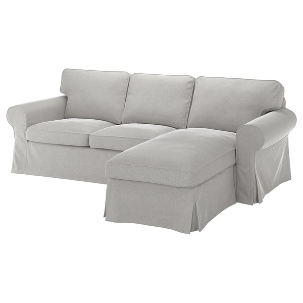 EKTORP light grey sofa, modern design with rolled arms, plush cushions, neutral color, l-shaped corner section.