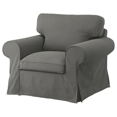 A gray EKTORP armchair with a smooth, removable cover. It has a classic rolled-arm design and plush cushions.