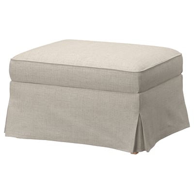 An EKTORP footstool in beige with a rectangular shape and pleated design, covered in kilanda fabric made from recycled polyester.