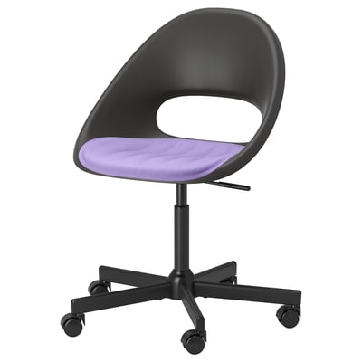 A modern black ELDBERGET office chair with a purple seat cushion, featuring a sleek, curved design and robust casters.