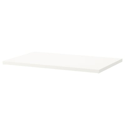 A white rectangular shelf, simple in design, and made from acrylic painted particle board.
