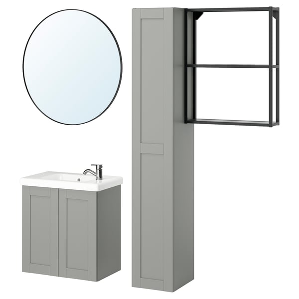 This image a light gray ENHET bathroom set including a tall cabinet, shallow vanity with basin, circular mirror, and wall-mounted shelf.