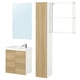 Modern bathroom set featuring a light wood and white vanity with mirror, tall cabinet, and open shelving.