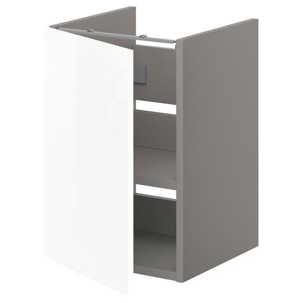 Grey ENHET bathroom cabinet with one shelf and a wipe-clean glossy white door, offering organized storage.