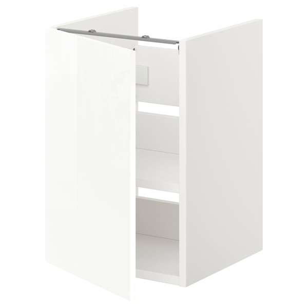 ENHET white bathroom cabinet, narrow design, glossy door, three shelves, modern, easy clean.