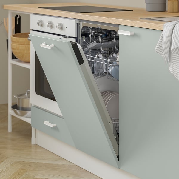 A modern kitchen with an open-fronted cabinet displaying stacked dishes and a built-in dishwasher underneath.