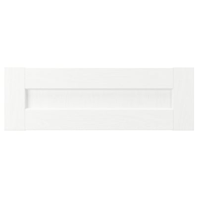 White ENKÖPING desk, rectangular, wooden framed, two shelves.