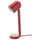 This image shows a red ENSMÄRKE desk lamp with a wooden base and a sleek design. Its a modern task light with a usb-c charging port.