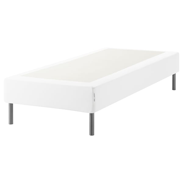 ESPEVÄR: white, modern bed base with stainless legs, rectangular, sleek, minimalist design.