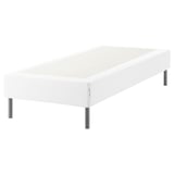 ESPEVÄR: white, modern bed base with stainless legs, rectangular, sleek, minimalist design.